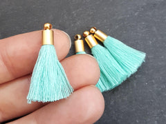 Mini Aqua Soft Thread Tassels Earring Bracelet Tassel Fringe Turkish Findings - 22k Matte Gold Plated Cap - 26mm - 4pc - NEW CAP