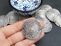 Large Floral Medallion Curved Disc Connector - Bracelet Necklace Center Piece - Matte Antique Silver Plated - 1PC