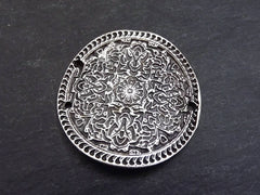 Large Floral Medallion Curved Disc Connector - Bracelet Necklace End Piece - Matte Antique Silver Plated - 1PC