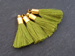 Mini Olive Green Tassels Earring Bracelet Tassel Fringe Turkish Findings Soft Thread  - 22k Matte Gold Plated Cap - 26mm - 4pc - NEW CAP
