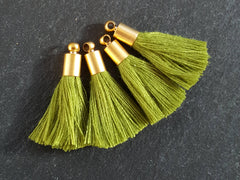 Mini Olive Green Tassels Earring Bracelet Tassel Fringe Turkish Findings Soft Thread - 22k Matte Gold Plated Cap - 26mm - 4pc - NEW CAP