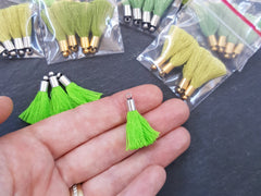 Mini Cotton Sage Green Tassels Tassel Charms, Tassel Pendant, Earring Tassel Fringe Soft Thread, 22k Matte Gold Plated Cap, 26mm, 4pc