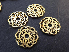 Round Rustic Lace Fretwork Disc Charms, Link Connectors, 22k Matte Gold Plated, 4pc