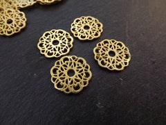 Round Rustic Lace Fretwork Disc Charms, Link Connectors, 22k Matte Gold Plated, 4pc