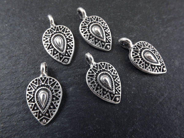Tribal Upside Down Tear Drop Pendant Charms Non Tarnish Turkish Jewelry Supplies Findings Components Matte Antique Silver Plated Brass - 5pc