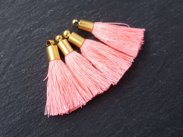 Mini Pink Glow Tassels Earring Bracelet Tassel Fringe Turkish Findings Soft Thread  - 22k Matte Gold Plated Cap - 26mm - 4pc - NEW CAP