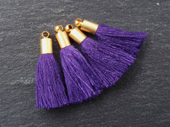 Mini Indigo Purple Tassels Earring Bracelet Tassel Fringe Turkish Findings Soft Thread - 22k Matte Gold Plated Cap - 26mm - 4pc - NEW CAP