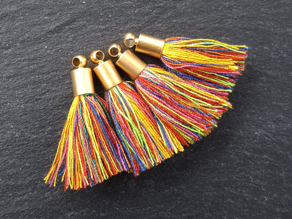 Mini Multi color Tassels Earring Bracelet Tassel Fringe Turkish Findings Soft Thread  - 22k Matte Gold Plated Cap - 26mm - 4pc - NEW CAP