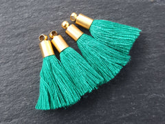 Mini Ocean Green Tassels Earring Bracelet Tassel Fringe Turkish Findings Soft Thread - 22k Matte Gold Plated Cap - 26mm - 4pc - NEW CAP