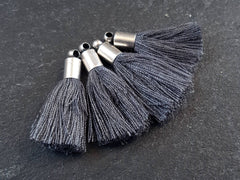 Mini Deep Gray Tassels Earring Bracelet Tassel Fringe Turkish Findings Soft Thread, Matte Antique Silver Plated Cap - 26mm 4pc