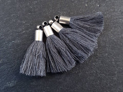 Mini Deep Gray Tassels Earring Bracelet Tassel Fringe Turkish Findings Soft Thread, Matte Antique Silver Plated Cap - 26mm 4pc