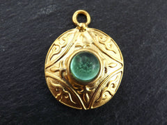 Round Dome Tribal Pendant with Aqua Teal Frosted Glass Accent Celtic Style Ethnic - 22k Matte Gold plated - 1pc