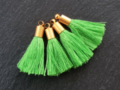 Mini Lime Green Tassels Earring Bracelet Tassel Fringe Turkish Findings Soft Thread  - 22k Matte Gold Plated Cap - 26mm - 4pc - NEW CAP