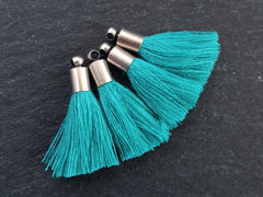 Mini Turquoise Blue Tassels Earring Bracelet Tassel Fringe Turkish Findings Soft Thread Matte Antique Silver Plated Cap - 26mm 4pc NEW CAP