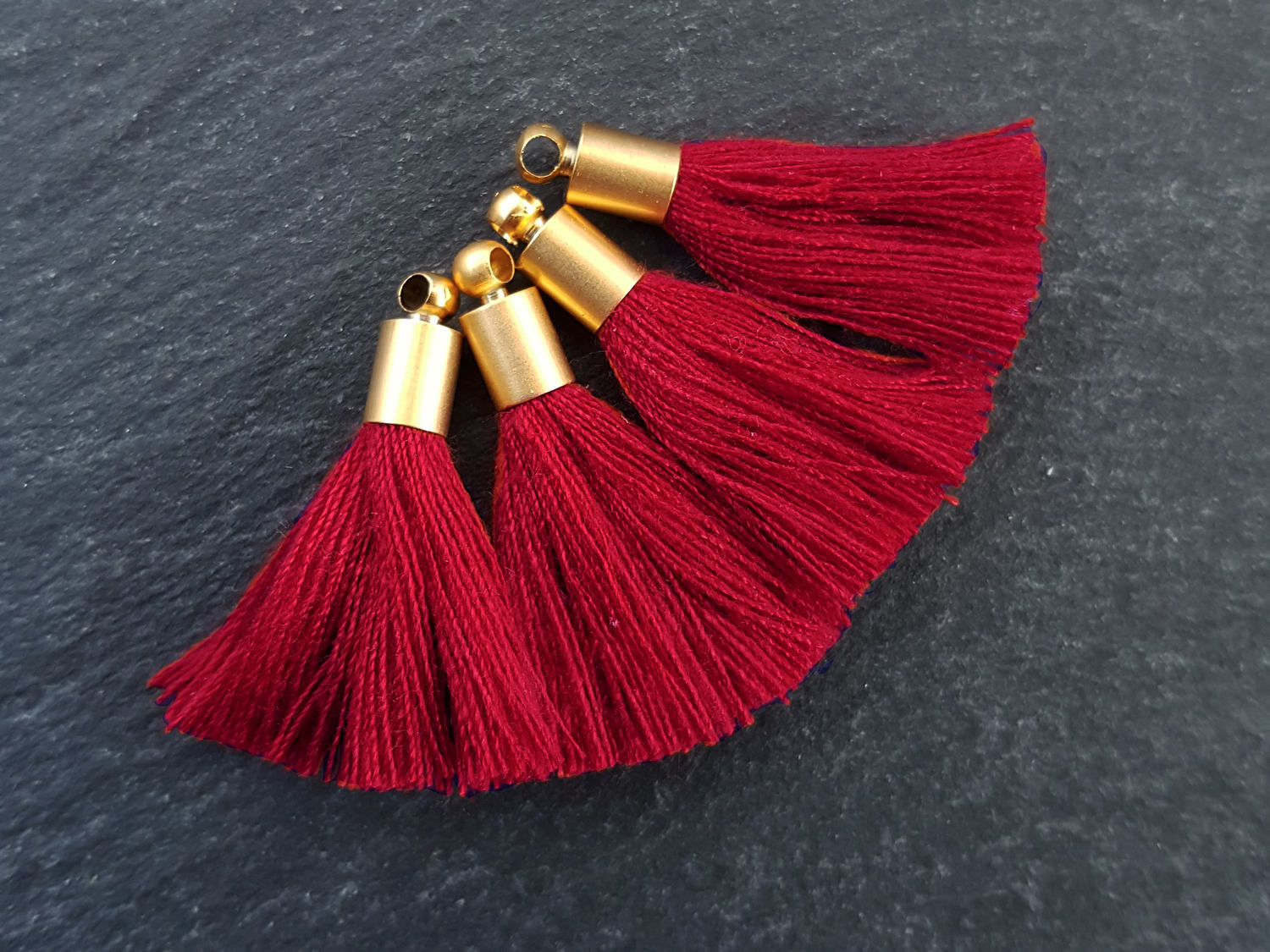 Mini Carmine Red Soft Thread Tassels Earring Bracelet Tassel Fringe Turkish Findings - 22k Matte Gold Plated Cap - 26mm - 4pc - NEW CAP