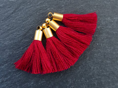 Mini Carmine Red Soft Thread Tassels Earring Bracelet Tassel Fringe Turkish Findings - 22k Matte Gold Plated Cap - 26mm - 4pc - NEW CAP