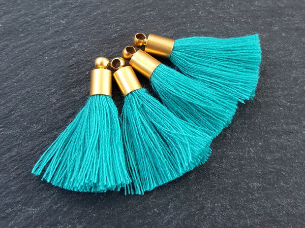 Mini Turquoise Blue Soft Thread Tassels Earring Bracelet Tassel Fringe Turkish Findings - 22k Matte Gold Plated Cap - 26mm - 4pc - NEW CAP