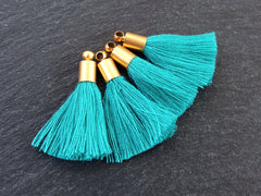 Mini Turquoise Blue Soft Thread Tassels Earring Bracelet Tassel Fringe Turkish Findings - 22k Matte Gold Plated Cap - 26mm - 4pc - NEW CAP