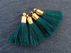 Mini Petrol Green Soft Thread Tassels Earring Bracelet Tassel Fringe Turkish Findings - 22k Matte Gold Plated Cap - 26mm - 4pc - NEW CAP
