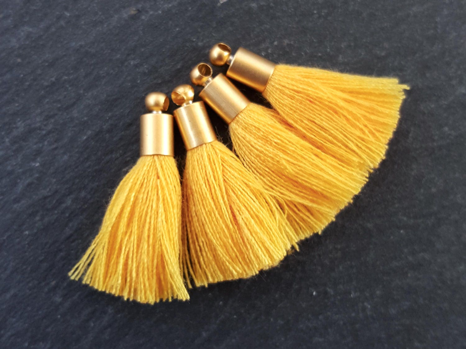 Mini Butter Yellow Soft Thread Tassels Earring Bracelet Tassel Fringe, Cotton Tassels, 22k Matte Gold Plated Cap - 26mm - 4pc - NEW CAP