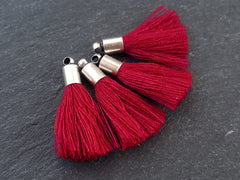 Mini Carmine Red Tassels Earring Bracelet Tassel Fringe Turkish Findings Soft Thread Matte Antique Silver Plated Cap - 26mm 4pc NEW CAP