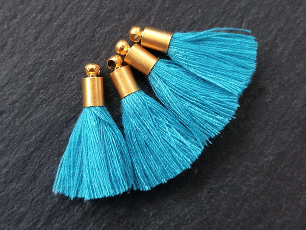 Mini Maui Blue Soft Thread Tassels Earring Bracelet Tassel Fringe Turkish Findings - 22k Matte Gold Plated Cap - 26mm - 4pc - NEW CAP