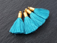 Mini Maui Blue Soft Thread Tassels Earring Bracelet Tassel Fringe Turkish Findings - 22k Matte Gold Plated Cap - 26mm - 4pc - NEW CAP