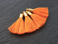 Mini Neon Orange Soft Thread Tassels Earring Bracelet Tassel Fringe Turkish Findings - 22k Matte Gold Plated Cap - 26mm - 4pc - NEW CAP