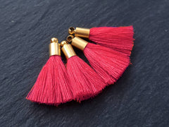Mini Amaranth Red Soft Thread Tassels Earring Bracelet Tassel Fringe Turkish Findings - 22k Matte Gold Plated Cap - 26mm - 4pc - NEW CAP