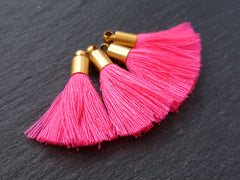 Mini Neon Pink Soft Thread Tassels Earring Bracelet Tassel Fringe Turkish Findings - 22k Matte Gold Plated Cap - 26mm - 4pc - NEW CAP