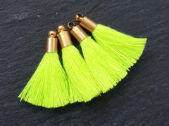 Mini Neon Yellow Soft Thread Tassels Earring Bracelet Tassel Fringe Turkish Findings - 22k Matte Gold Plated Cap - 26mm - 4pc - NEW CAP