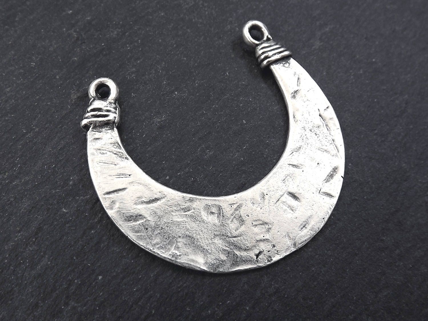 Hammered Crescent Pendant Connector, Double Horn Crest Half Moon Charm, Matte Antique Silver Plated Brass - 1PC