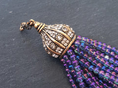 Purple Rainbow Crystal Quartz Beaded Tassel Iridescent Aurora Borealis Antique Bronze Rhinestone Accents - Fleur Cap