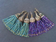 Purple Rainbow Crystal Quartz Beaded Tassel Iridescent Aurora Borealis Antique Bronze Rhinestone Accents - Fleur Cap