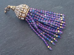 Purple Rainbow Crystal Quartz Beaded Tassel Iridescent Aurora Borealis Antique Bronze Rhinestone Accents - Fleur Cap