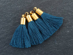 Mini Peacock Blue Soft Thread Tassels Earring Bracelet Tassel Fringe Turkish Findings - 22k Matte Gold Plated Cap - 26mm - 4pc - NEW CAP