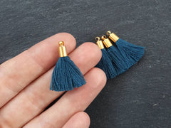Mini Peacock Blue Soft Thread Tassels Earring Bracelet Tassel Fringe Turkish Findings - 22k Matte Gold Plated Cap - 26mm - 4pc - NEW CAP