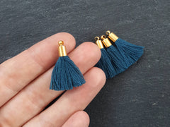 Mini Peacock Blue Soft Thread Tassels Earring Bracelet Tassel Fringe Turkish Findings - 22k Matte Gold Plated Cap - 26mm - 4pc - NEW CAPP