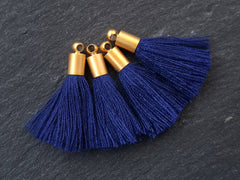 Mini Navy Blue Soft Thread Tassels Earring Bracelet Tassel Fringe Turkish Findings - 22k Matte Gold Plated Cap - 26mm - 4pc - NEW CAP CAP