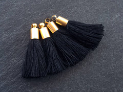 Mini Black Tassels, Soft Thread Tassels, Earring Tassel, Tassel Charms, Mini Tassels, Bracelet Tassel, 22k Matte Gold Plated Cap 26mm - 4pc