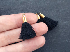 Mini Black Soft Thread Tassels Earring Bracelet Tassel Fringe Turkish Findings - 22k Matte Gold Plated Cap - 26mm - 4pc - NEW CAP
