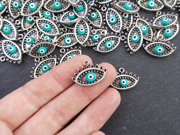 Turquoise Evil Eye Charm Turkish Nazar Greek Eye Luckily Protective Handmade EvilEye Accent - Matte Antique Silver Plated Brass - 2pc