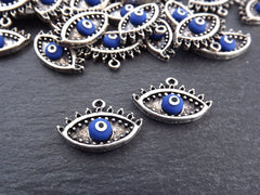 Royal Blue Evil Eye Charm Turkish Nazar Greek Eye Lucky Protective Handmade EvilEye Accent - Matte Antique Silver Plated Brass - 2pc