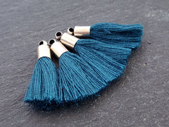 Mini Peacock Blue Soft Thread Tassels Earring Bracelet Tassel Fringe Turkish Findings -Matte Silver Plated Cap - 26mm - 4pc - NEW CAP
