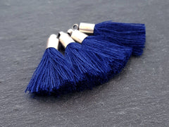 Mini Navy Blue Soft Thread Tassels Earring Bracelet Tassel Fringe Turkish Findings -Matte Silver Plated Cap - 26mm - 4pc - NEW CAP