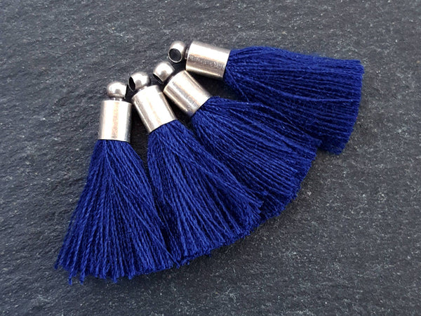 Mini Navy Blue Soft Thread Tassels Earring Bracelet Tassel Fringe Turkish Findings -Matte Silver Plated Cap - 26mm - 4pc - NEW CAP