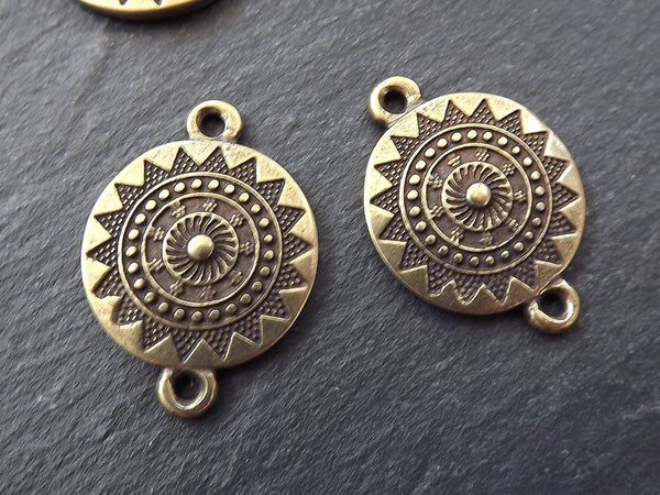 Ethnic Sun Mandala Round Disc Pendant Connectors - 2 Holes - Antique Bronze Plated - 2PC