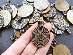 Bronze Spiral Pendant, Round Pendant, Disc Pendant, Tribal Pendant, Ethnic Pendant, Bronze Disc, Focal Pendant, Boho, Antique Bronze Plated