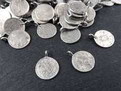 10 Large Round Coin Charms - Matte Antique Silver Plated
