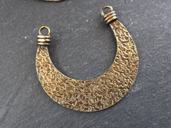 Bronze Crescent Pendant, Double Sided Tribal Double Horn Connector, Hammered Pendant, Antique Bronze Plated, 1PC